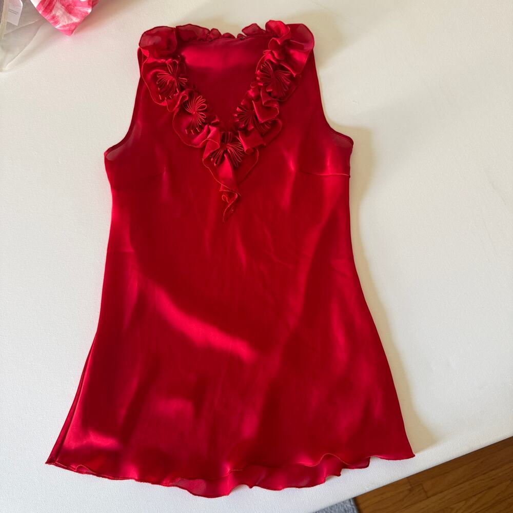 Y2K Vintage Red Silk Bias Cut Ruffle Neck Rosettes Sleeveless Blouse | Medium